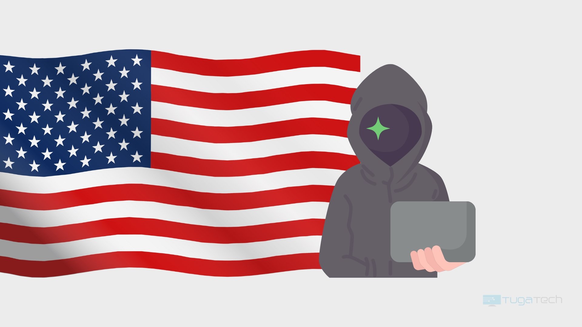 Bandeira dos EUA com hacker na ponta