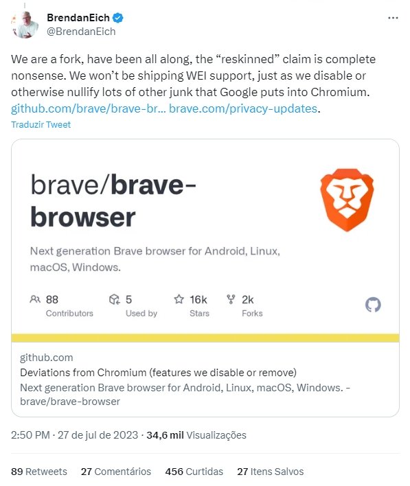 Mensagem do fundador do Brave sobre a api da Google