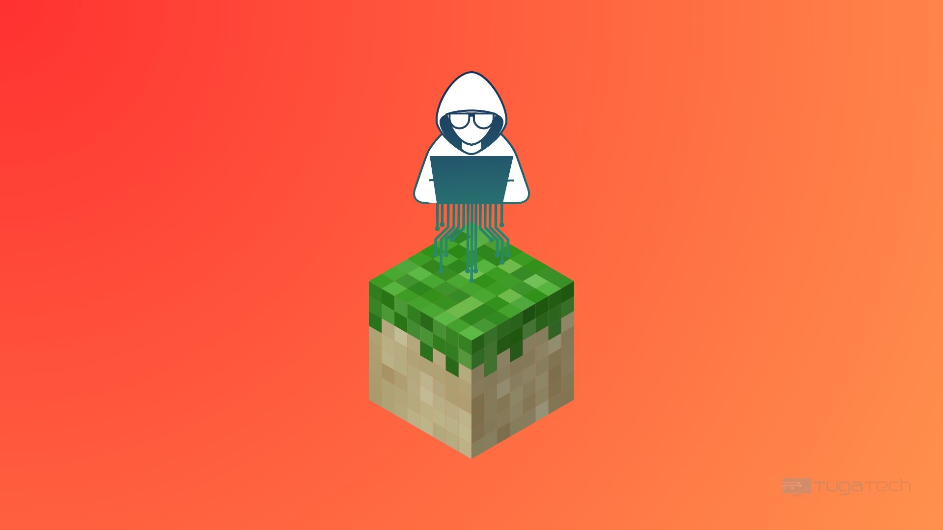 Minecraft com imagem de hacker sobre bloco de terra