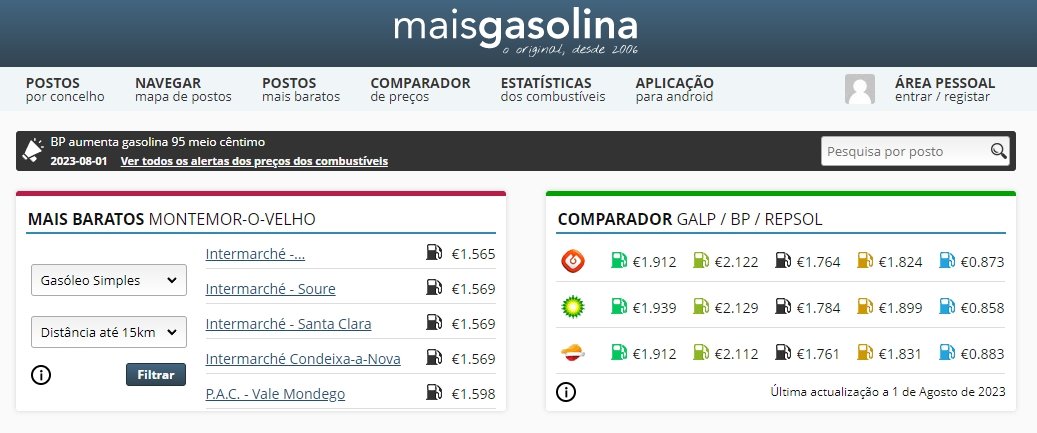 Exemplo de preços no site maisgasolina