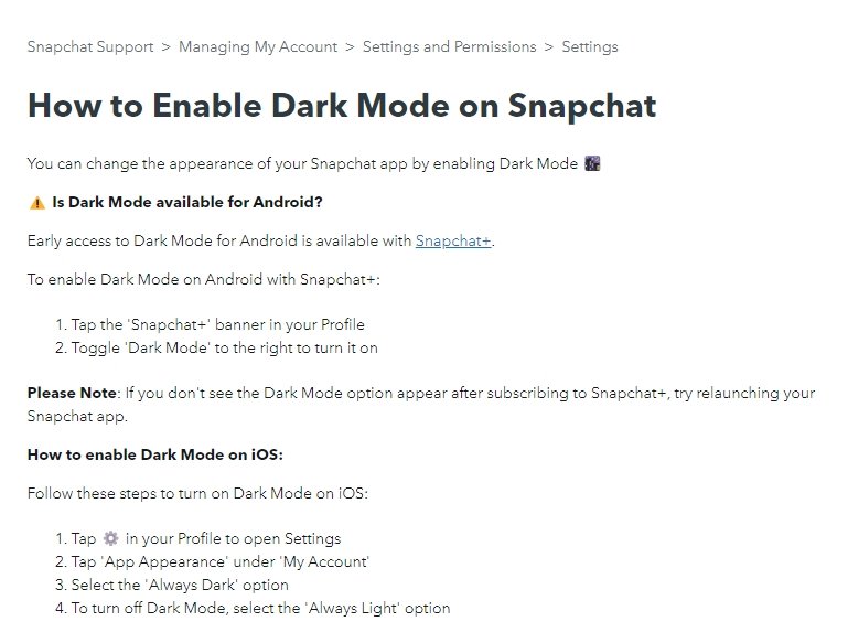 Mensagem de suporte do snapchat sobre modo escuro