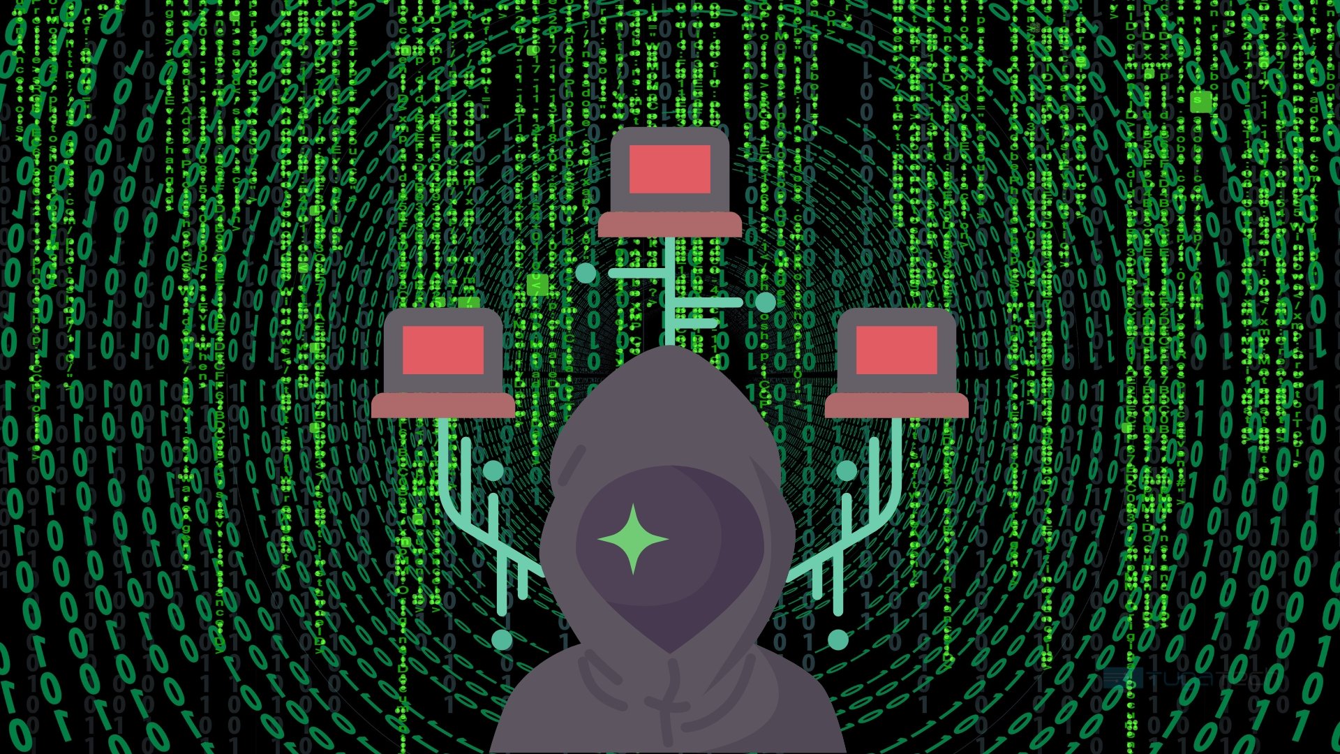 Hacker em frente de codigo verde