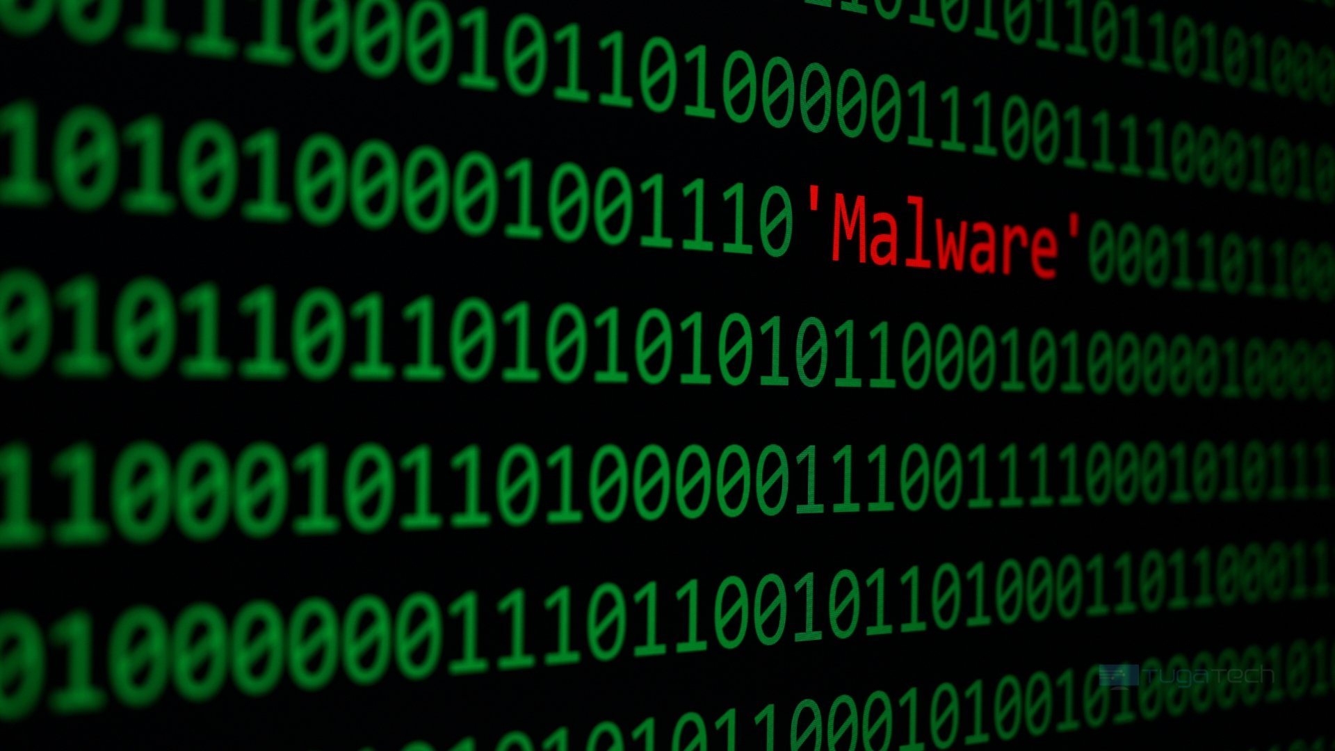 palavra malware a vermelho em fundo de código verde