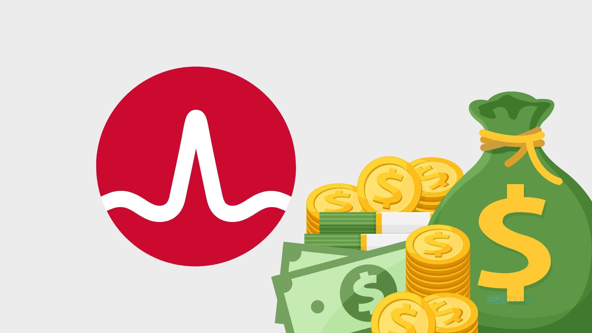 logo da broadcom com imagem de dinheiro em sacos, notas e moedas
