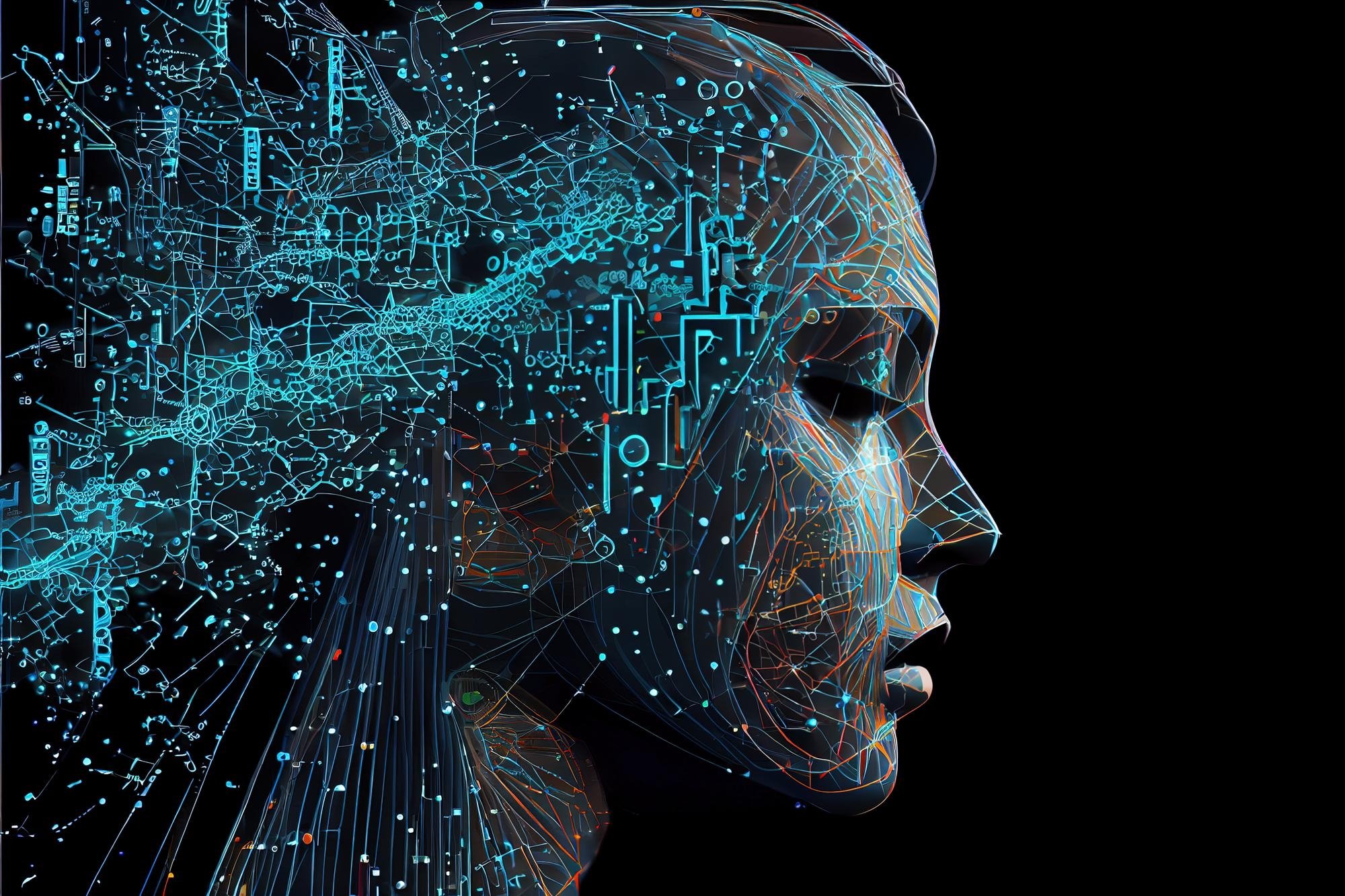 Imagem de cabeça digital a representar a IA