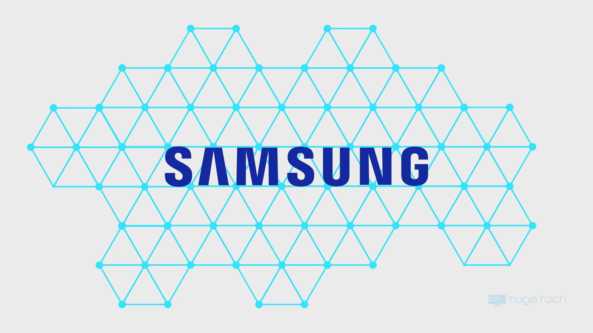 Logo da Samsung sobre malha de rede em fios
