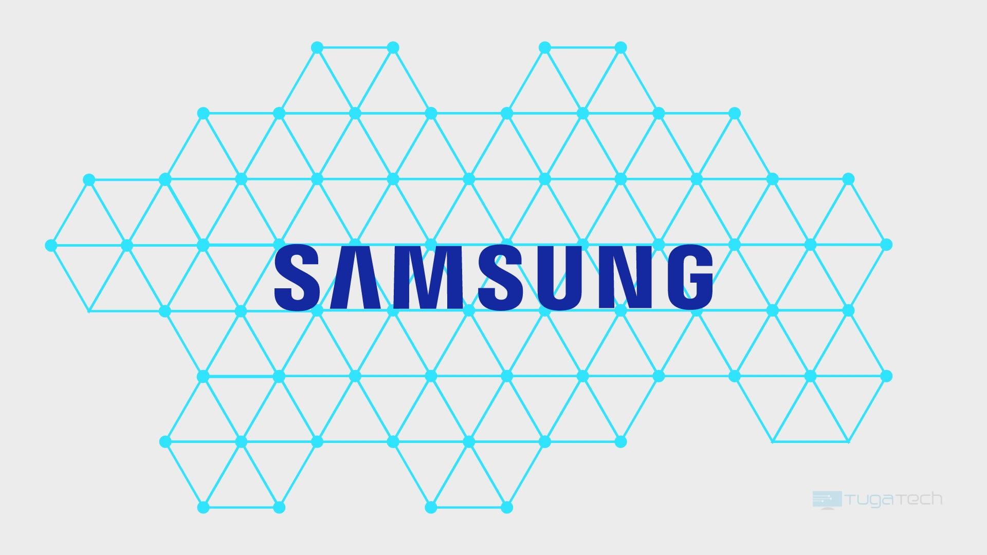 Logo da Samsung sobre malha de rede em fios