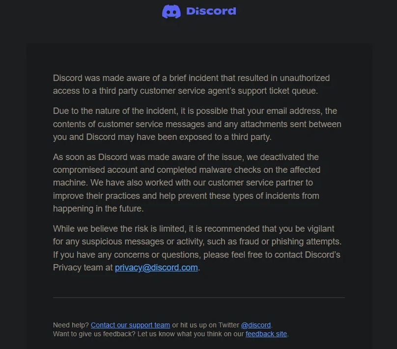 mensagem de email do discord enviada para utilizadores afetados