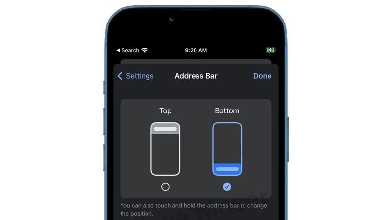 imagem da alteração da barra para a parte inferior do ecrã no chrome do iOS