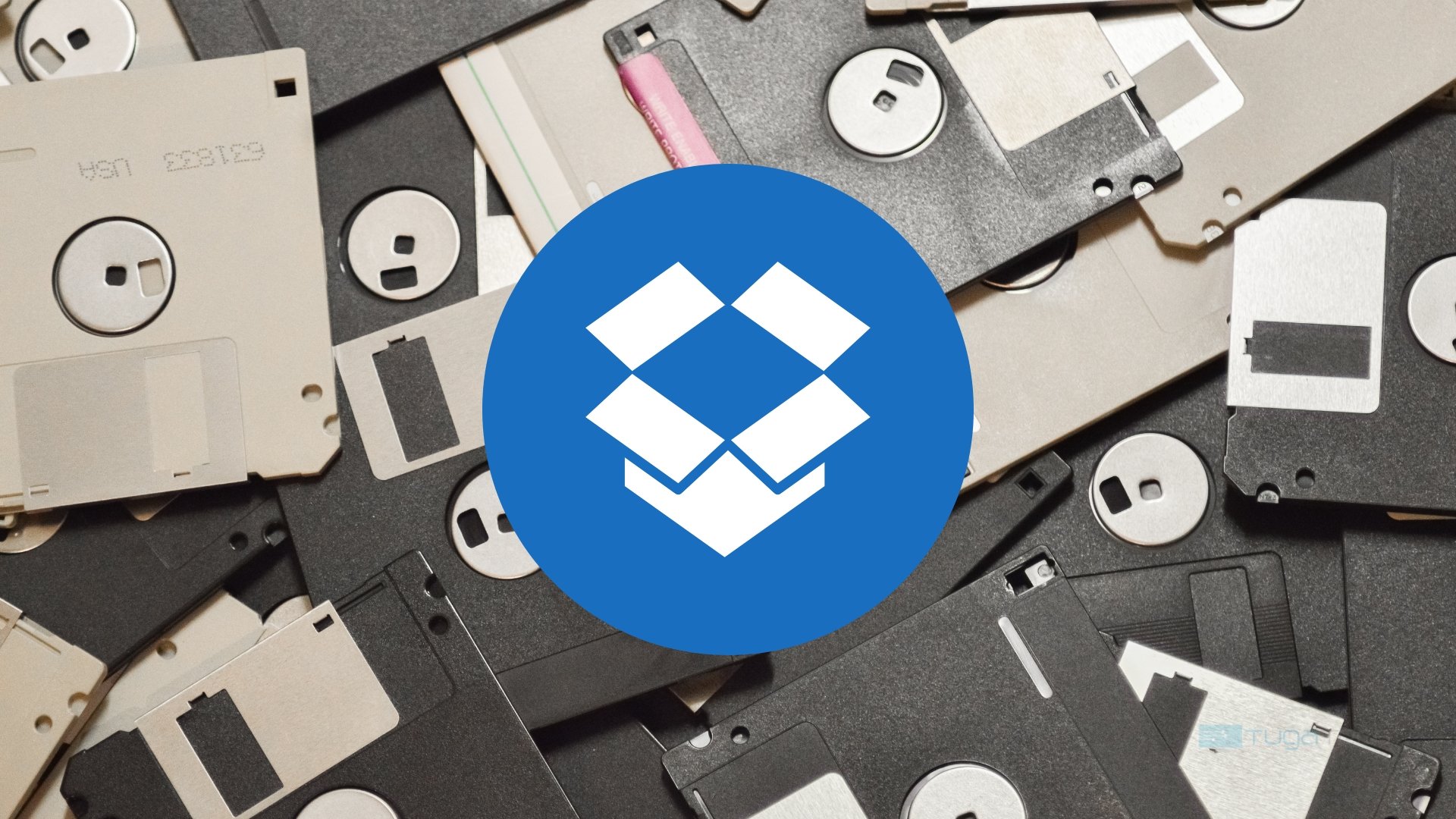 Logo do Dropbox sobre fundo de disquetes