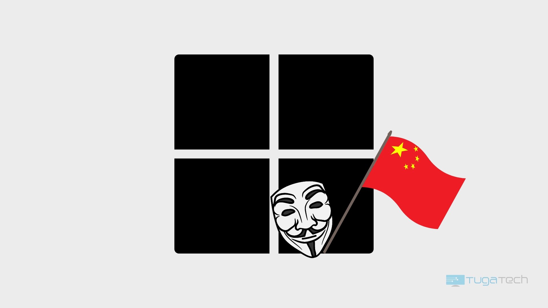 Microsoft com imagem de hacker e bandeira da china