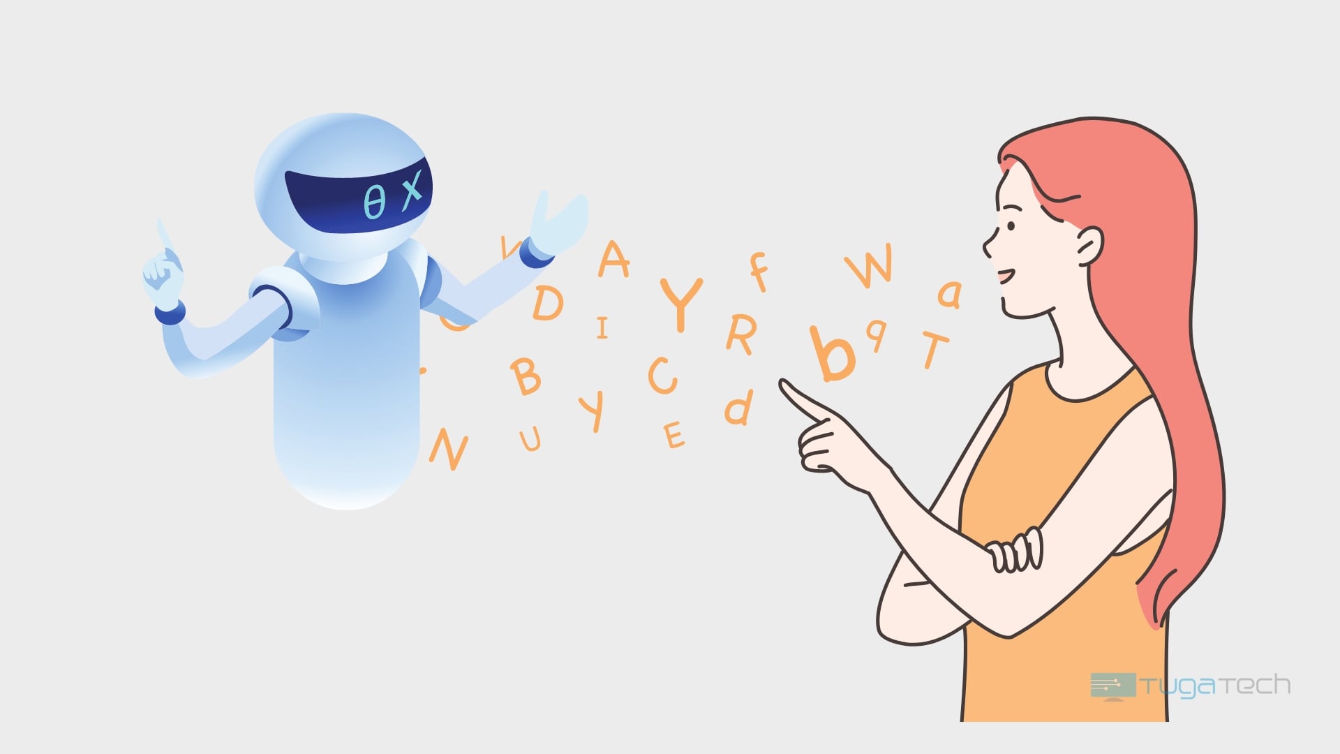 Pessoa a falar para um robot com letras a dirigirem-se para o mesmo