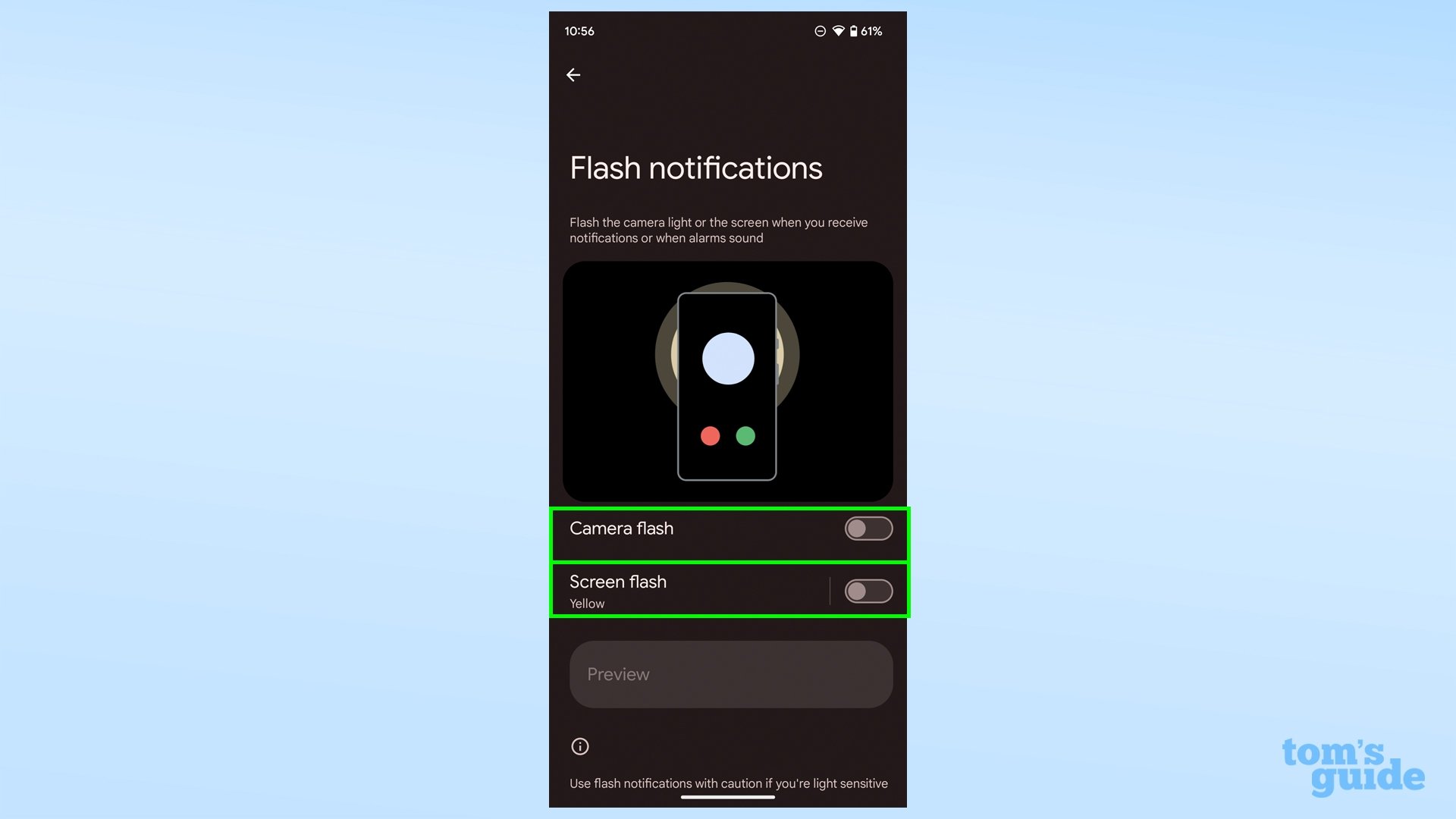 imagem da configuração de flash camara android 14