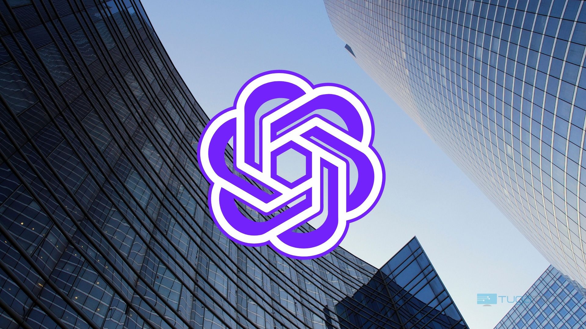 ChatGPT logo sobre fundo de edificios de empresas