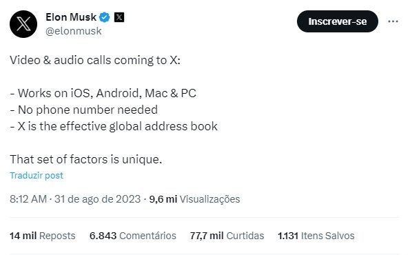 mensagem de Elon Musk a confirmar chamadas de video e voz