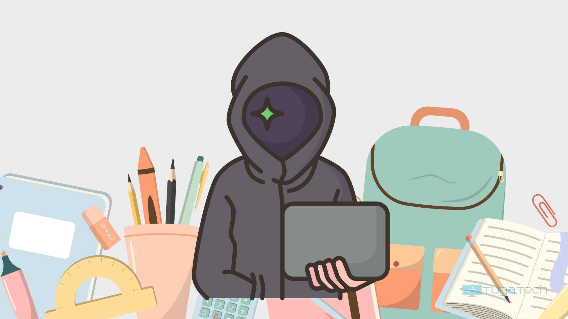 Hacker com fundo de material escolar