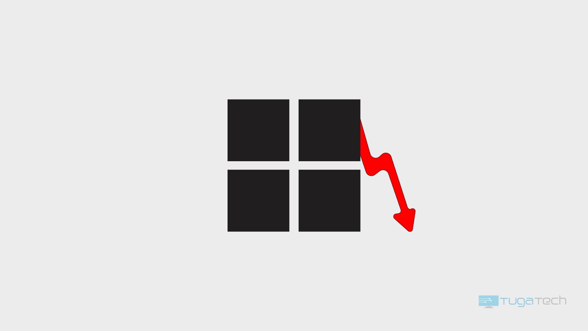 Logo do Windows 11 com sinal de queda