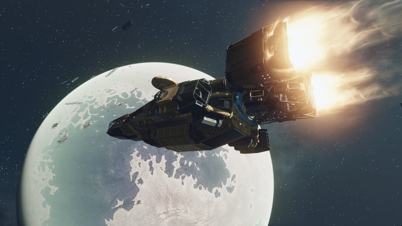 Imagem do jogo Starfield com nave pelo espaço e planeta em fundo