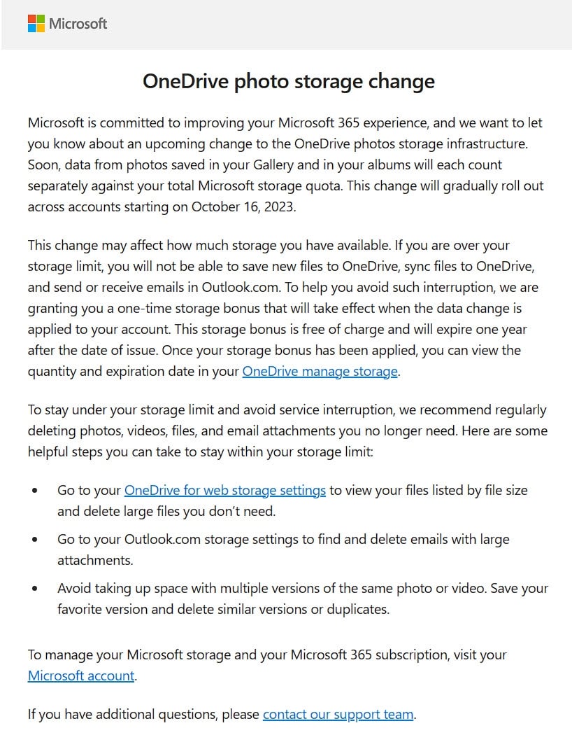 mensagem de email da onedrive sobre mudanças