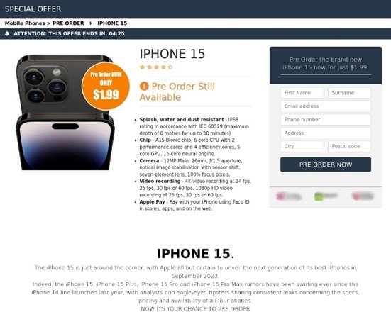 imagem de falso site a vender iphone 15