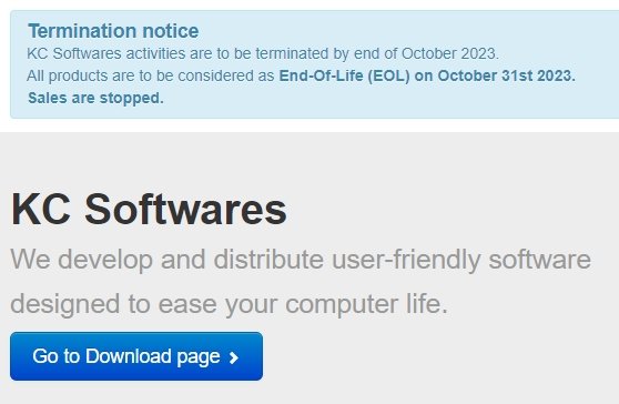 mensagem de alerta no site da KC Softwares sobre encerramento de atividades