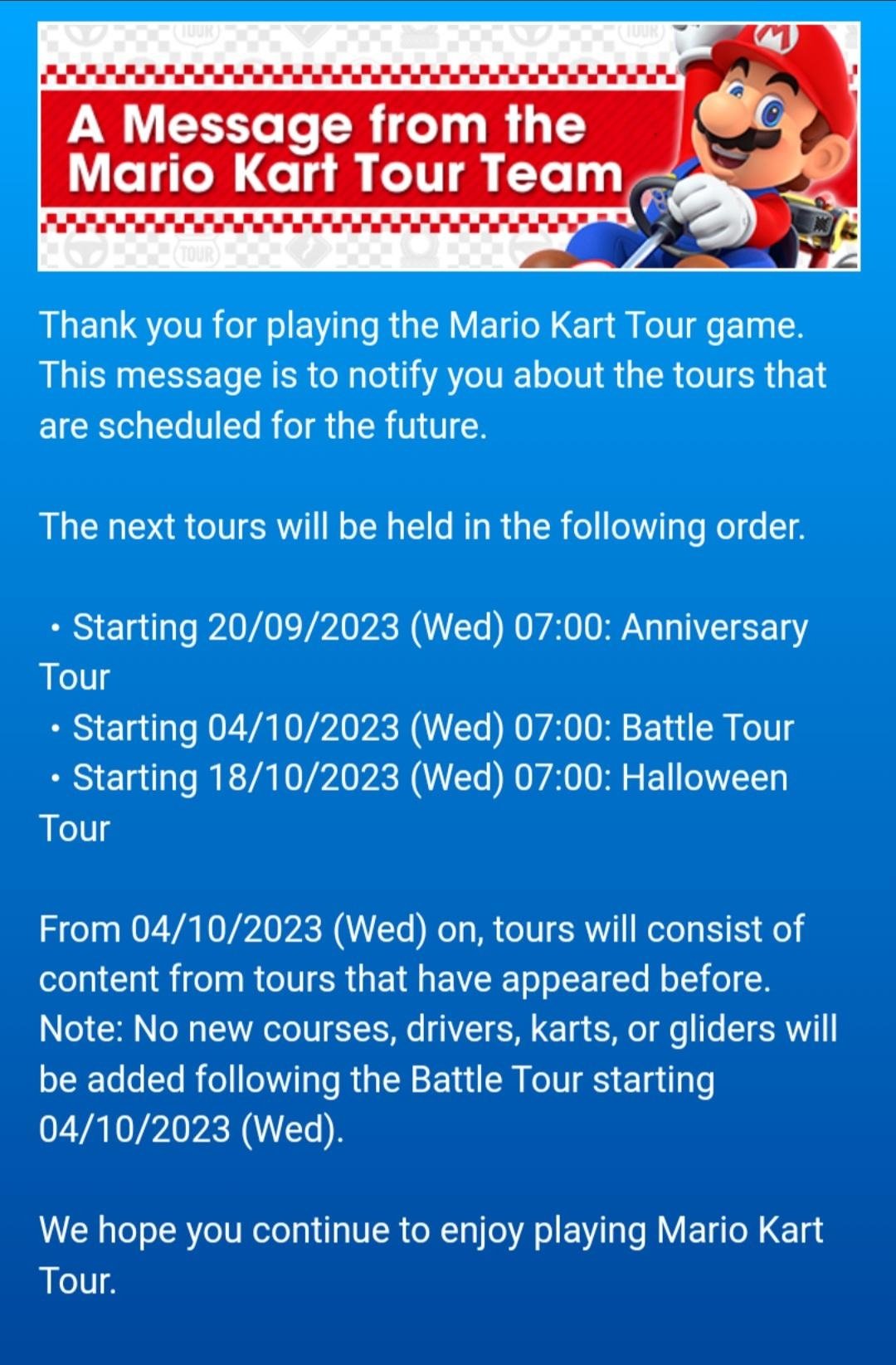 mensagem da nintendo dentro de Mario Kart Tour
