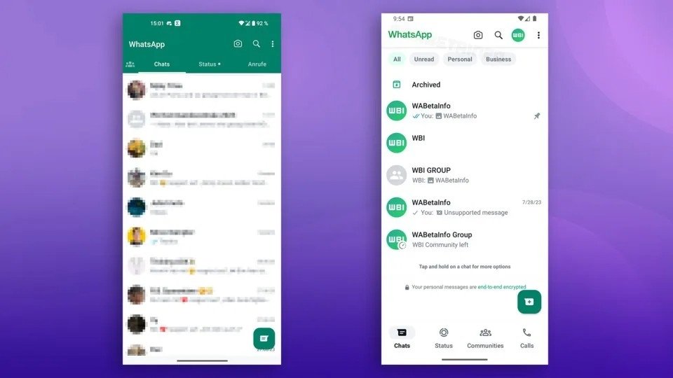 Comparação da interface do WhatsApp antiga e nova