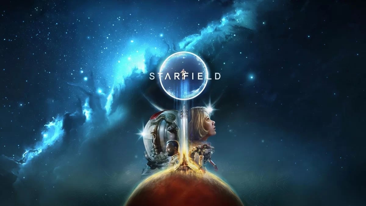 Imagem de fundo de starfield com personagens principais e logo do jogo
