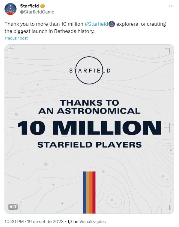 mensagem de confirmação sobre dez milhões de jogadores em starfield