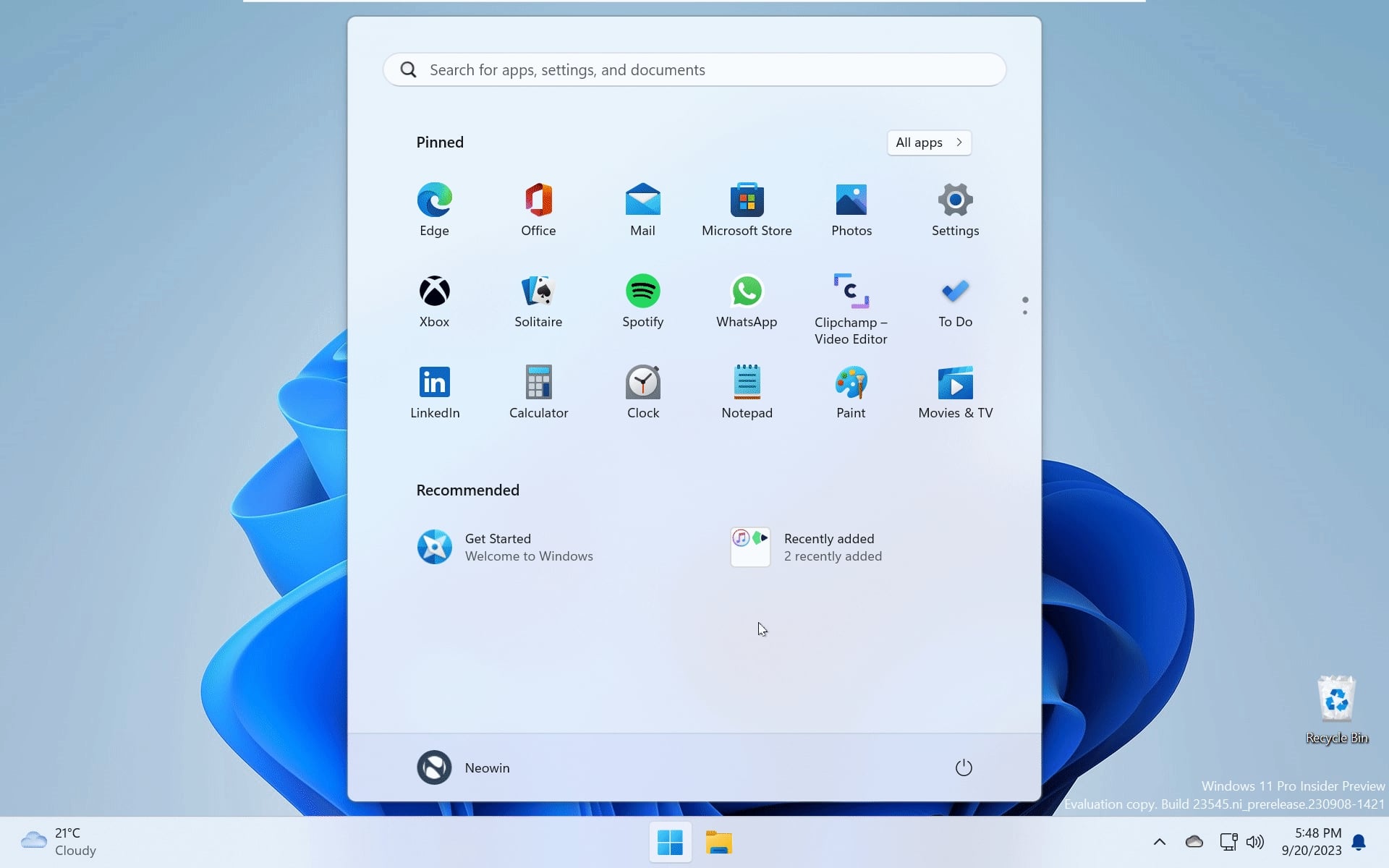 Windows 11 menu inicial