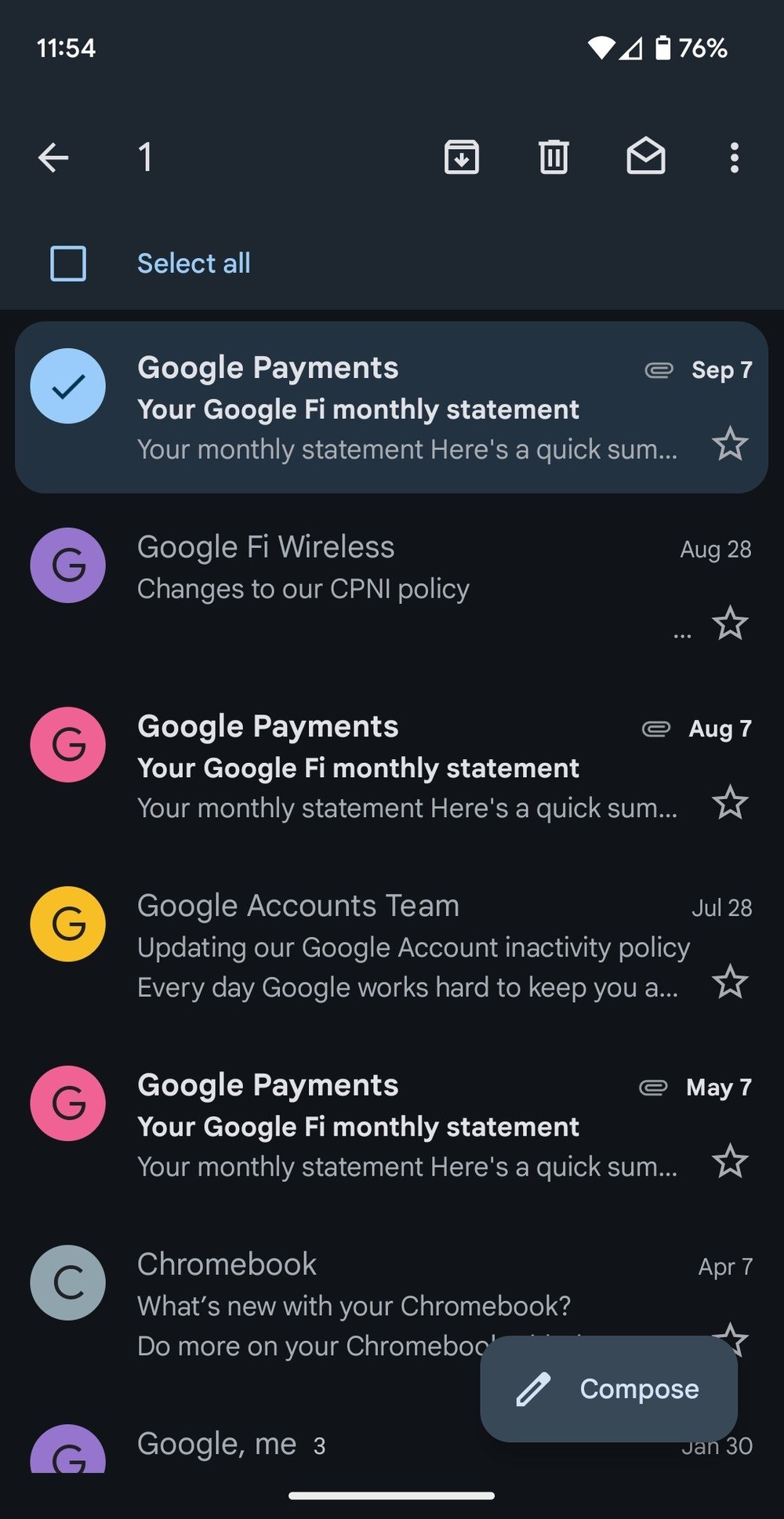 Gmail app do Android com opção de marcar tudo