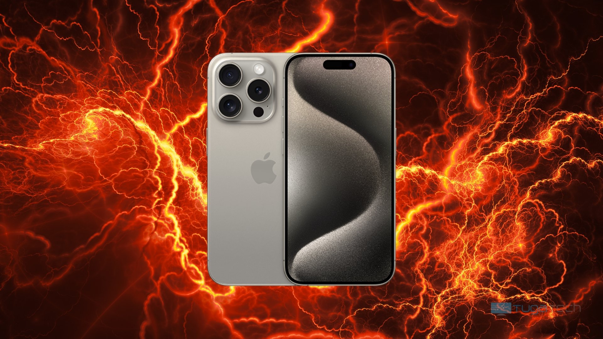 Apple iPhone 15 Pro sobre imagem de raios vermelhos