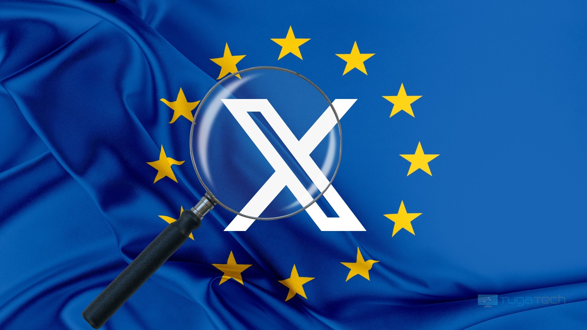 Logo da X com bandeira da UE e lupa