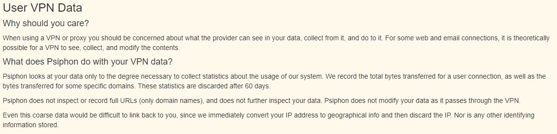 política de privacidade Psiphon 