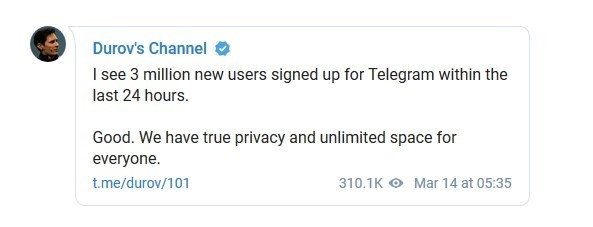 mensagem do fundador do Telegram