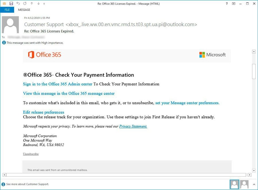 exemplo mensagem de phishing office 365