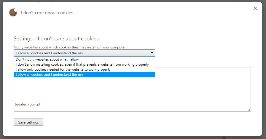 opções configuração cookies