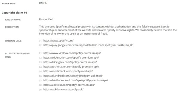 exemplo de pedidos DMCA
