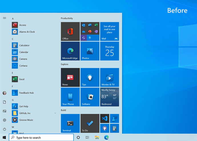 menu inicial do windows 10 20H2
