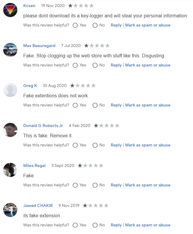 reviews dos utilizadores sobre falsa extensão do Chrome Web Store