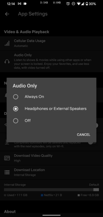 opções de modo apenas áudio no netflix