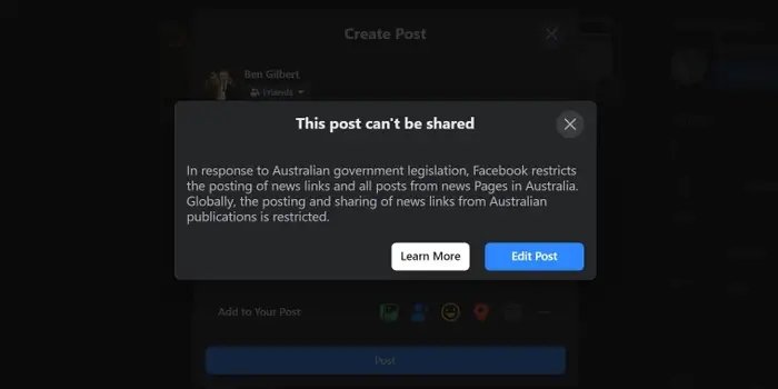 partilha bloqueada de sites de notícias na austrália
