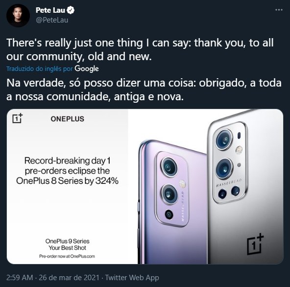 comentário sobre vendas OnePlus 9 pete lau