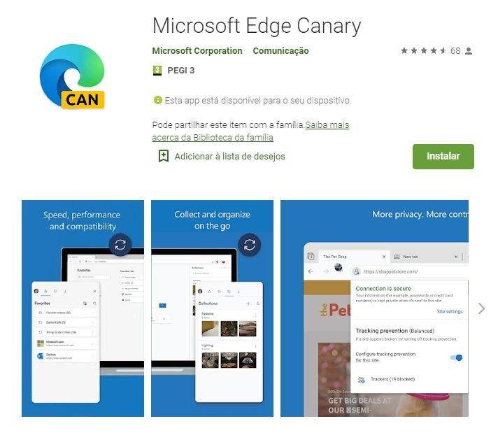 Microsoft Edge canary google play store