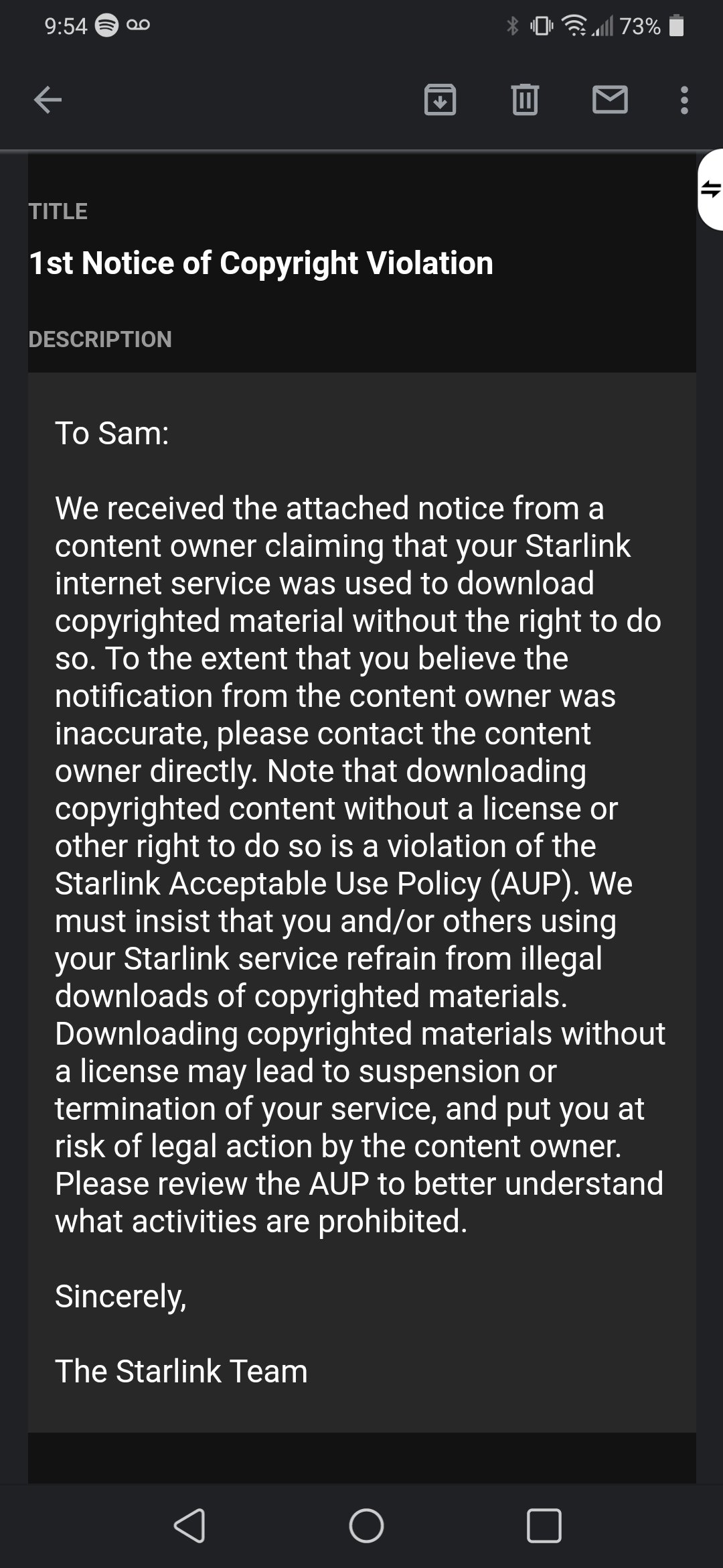 imagem da notificação da starlink