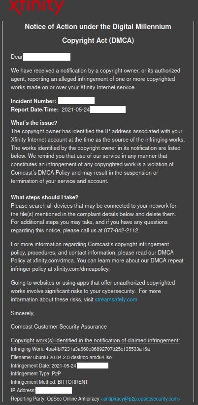 mensagem de notificação sobre DMCA