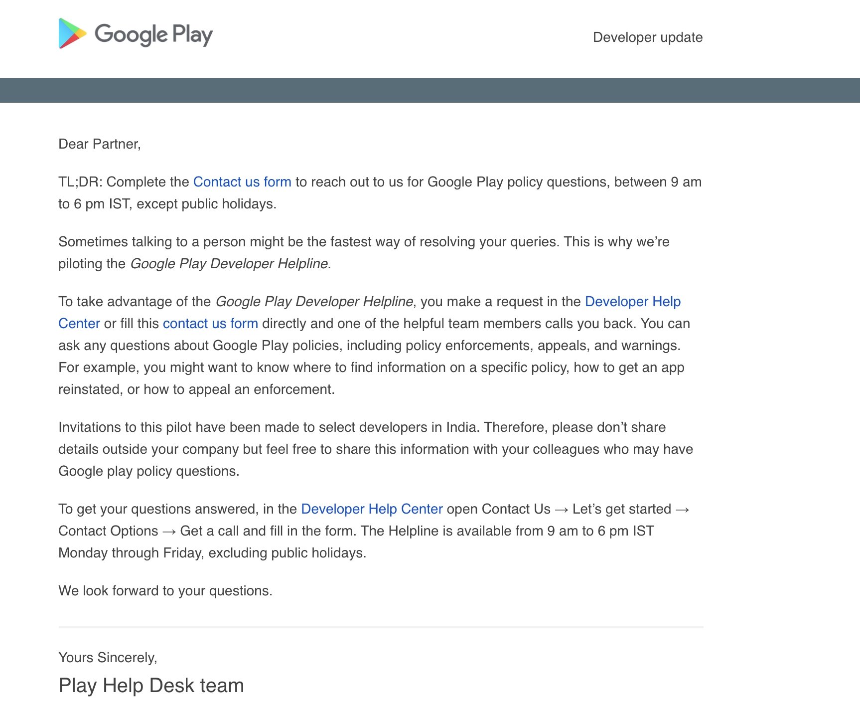 mensagem da google play store sobre ajuda para programadores