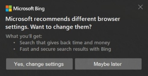 notificação sobre uso de recomendações do bing