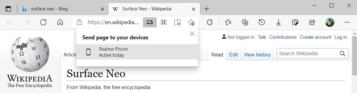 Microsoft Edge partilha de dispositivos