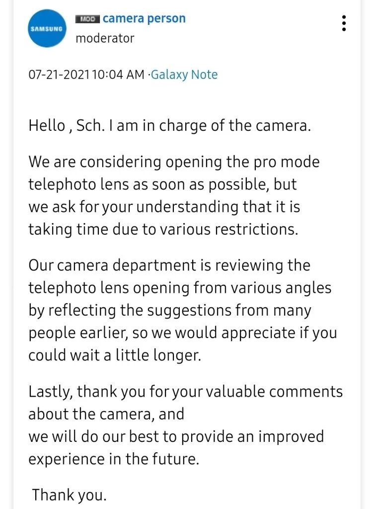 resposta da samsung aos utilizadores sobre a câmara